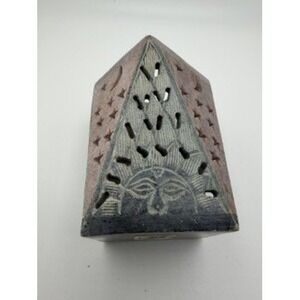 Vintage Soapstone Celestial Sun Moon Stars Tea Light Candle Holder Pyramid
